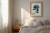 The Blue Hour print in a bedroom with wooden nightstand, layered bedding, and soft curtains, Yugen Print