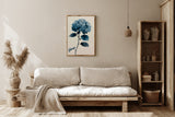 The Blue Hour print in a living room with an upholstered couch, pendant lamp, and side table, Yugen Print