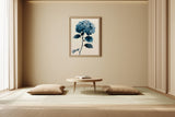 The Blue Hour print in a tatami room with floor cushions, low wooden table, and sheer curtains, Yugen Print