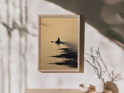 Sumi-e style ink print of a small lone figure seated on a rock in still water surrounded by mist, framed in light wood on an entryway console with a dried branch and ceramic bowls, Yugen Print