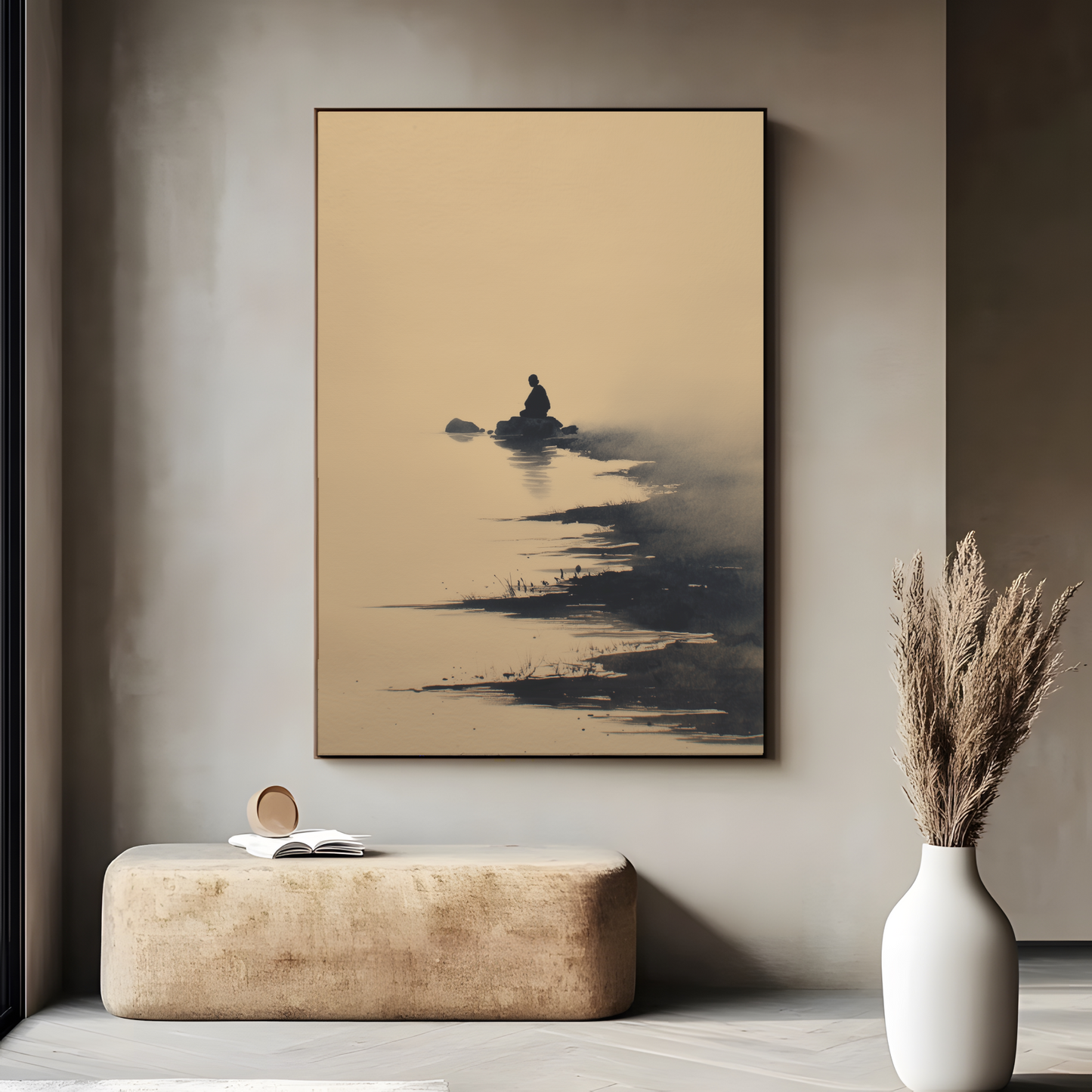 Sumi-e style ink print of a solitary figure on a rock in still water, in a dark frame above a stone bench with pampas grass, Yugen Print