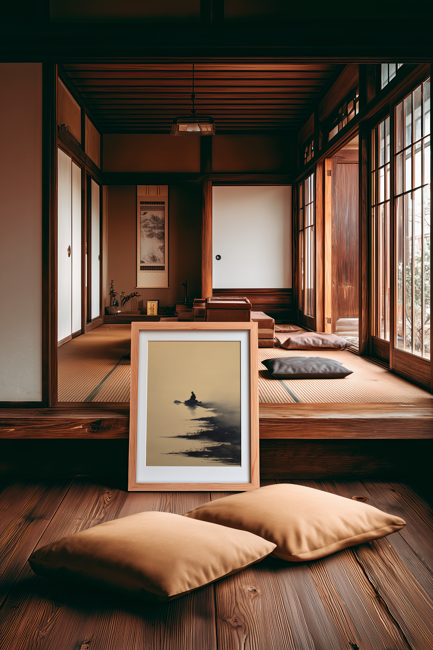 Sumi-e style ink print of a lone figure seated on a rock midstream in mist, framed on the floor of a Japanese tatami room with floor cushions, Yugen Print