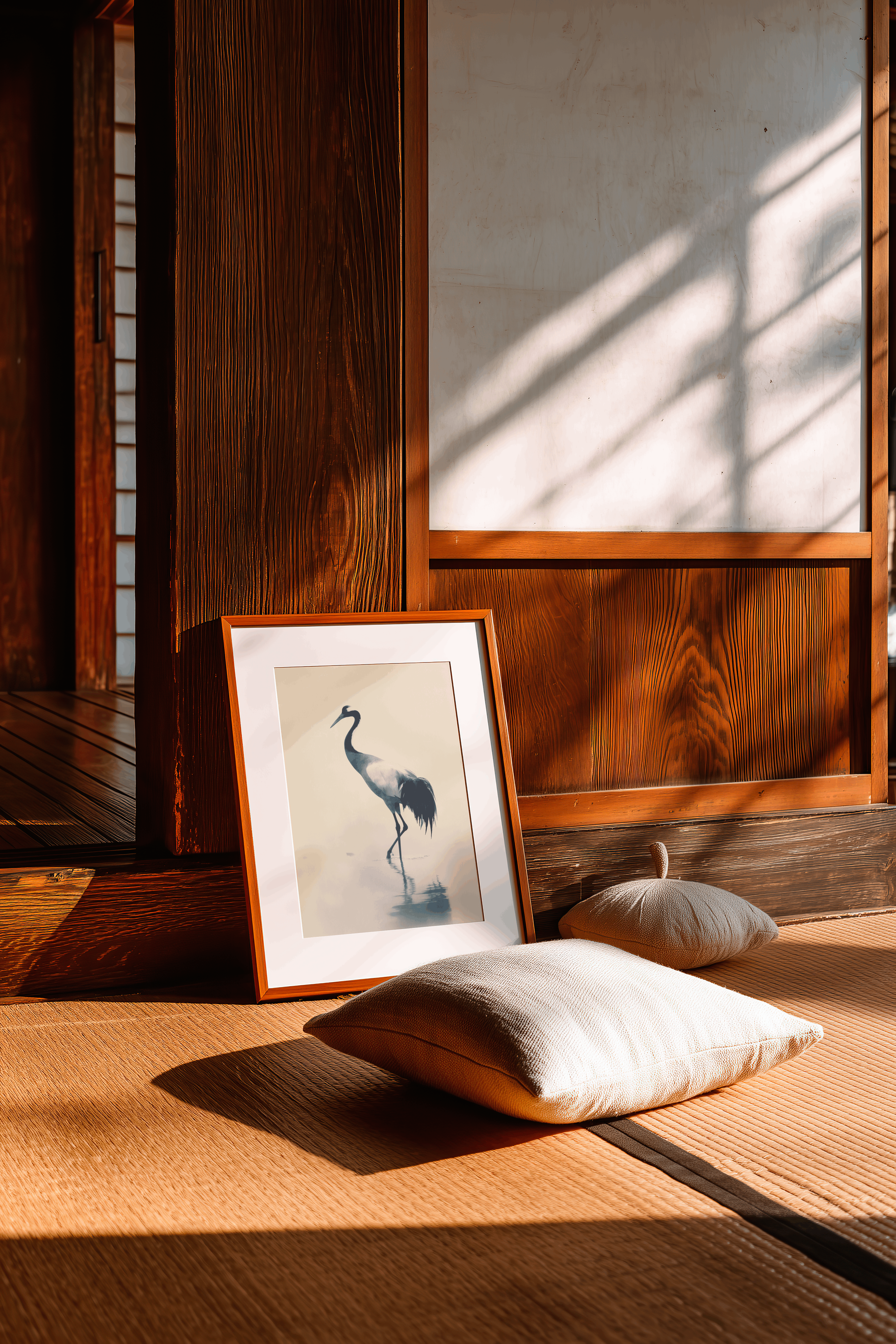 Japanese crane print framed in light wood leaning against a wood-panelled wall in a sunlit zen room with linen floor cushions.