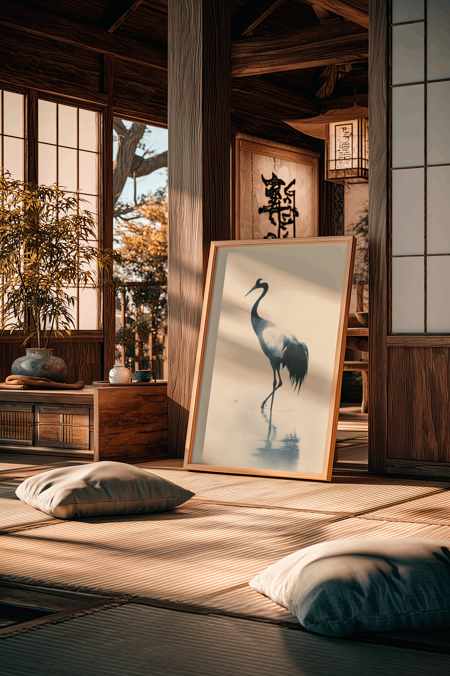 Japanese crane wall art in a wood frame leaning in a traditional tatami room with floor cushions, shoji screens, and warm afternoon light.
