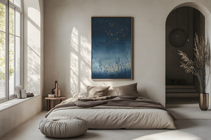 Sumi-e style indigo ink print of golden fireflies drifting over night grasses, oak frame above a linen bed in a bright airy Japandi bedroom, Yugen Print