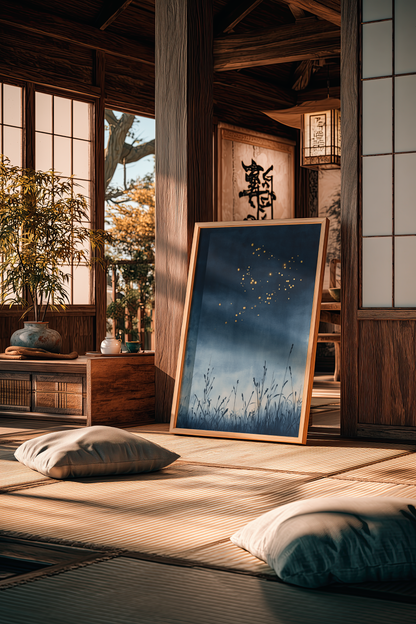 Sumi-e style indigo ink print of fireflies over a summer night, oak frame on tatami flooring in a traditional Japanese room with shoji screens, Yugen Print