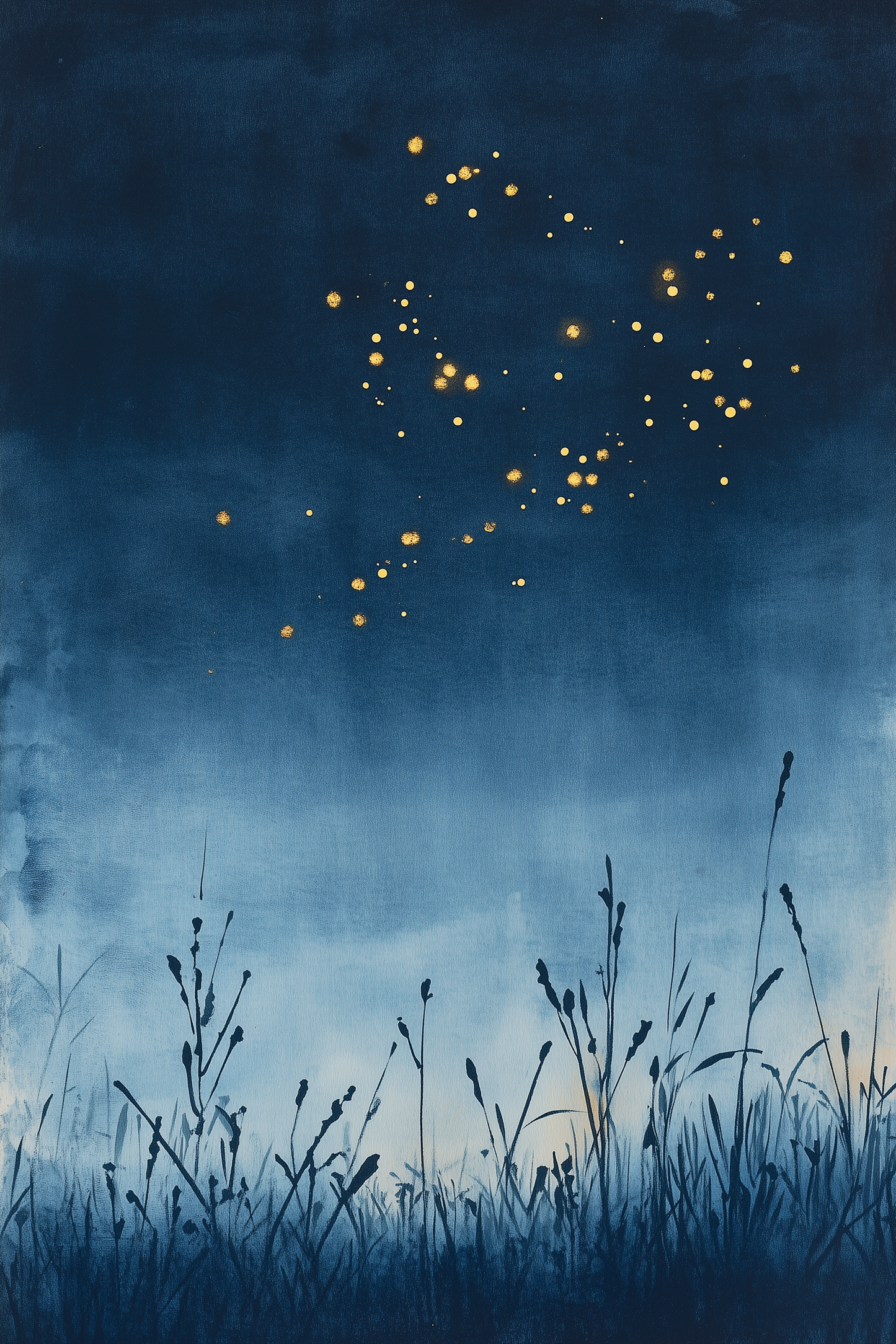 Sumi-e style indigo ink print of golden fireflies drifting over reeds on a summer night, deep indigo, Yugen Print