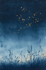 Sumi-e style indigo ink print of golden fireflies drifting over reeds on a summer night, deep indigo, Yugen Print