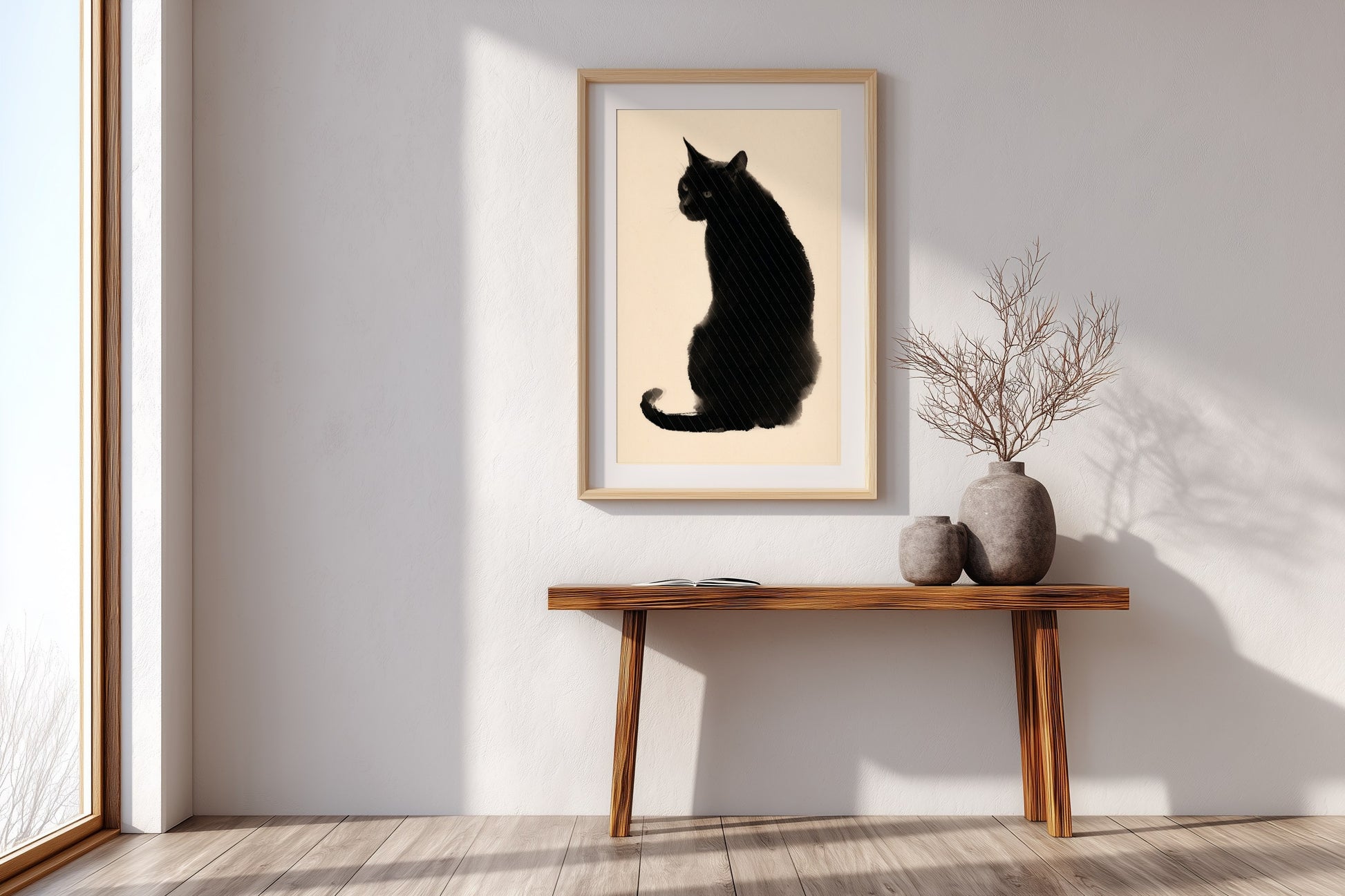 A framed art print of a black cat silhouette on a cream background, displayed on a white wall above a wooden console table with decorative vases in a bright, modern room.