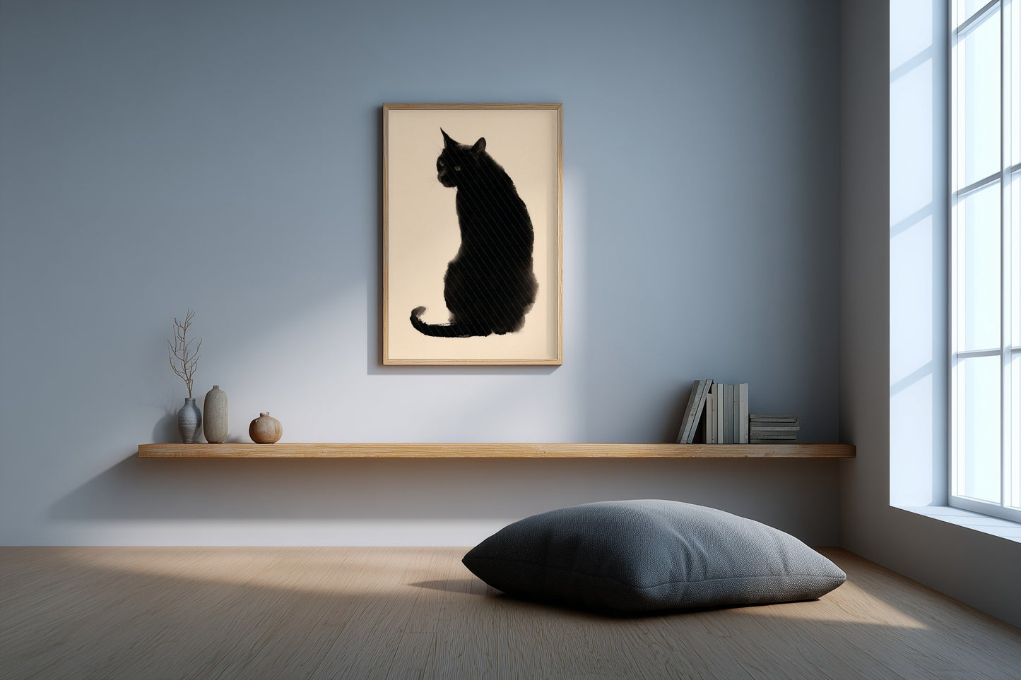 A framed art print of a black cat silhouette on a beige background, hanging on a light blue-gray wall in a minimalist room with a wooden floating shelf, books, and a floor cushion.