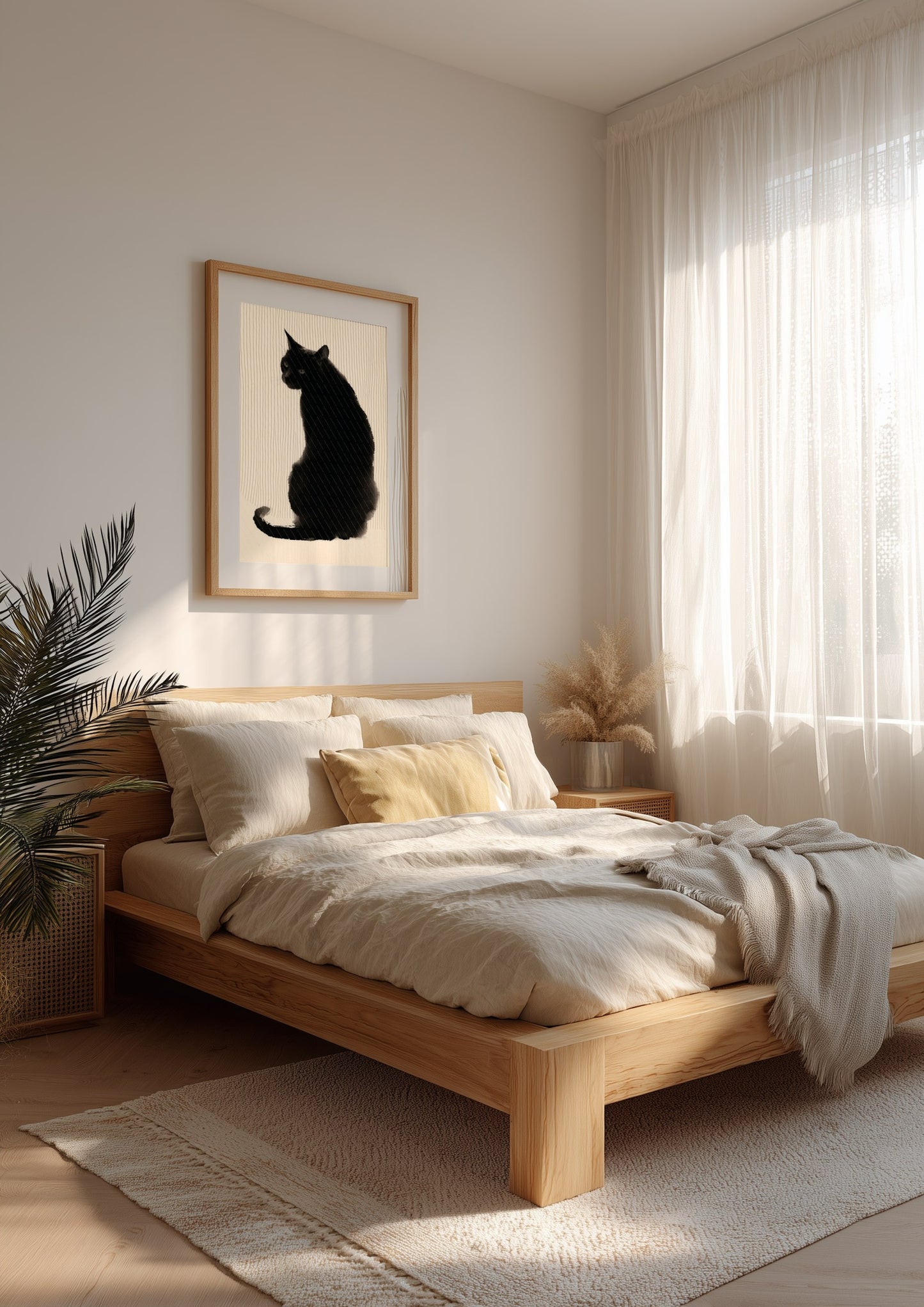 A minimalist bedroom scene with a light wood bed, cream bedding, sheer white curtains, and a framed black cat silhouette print on the wall.
