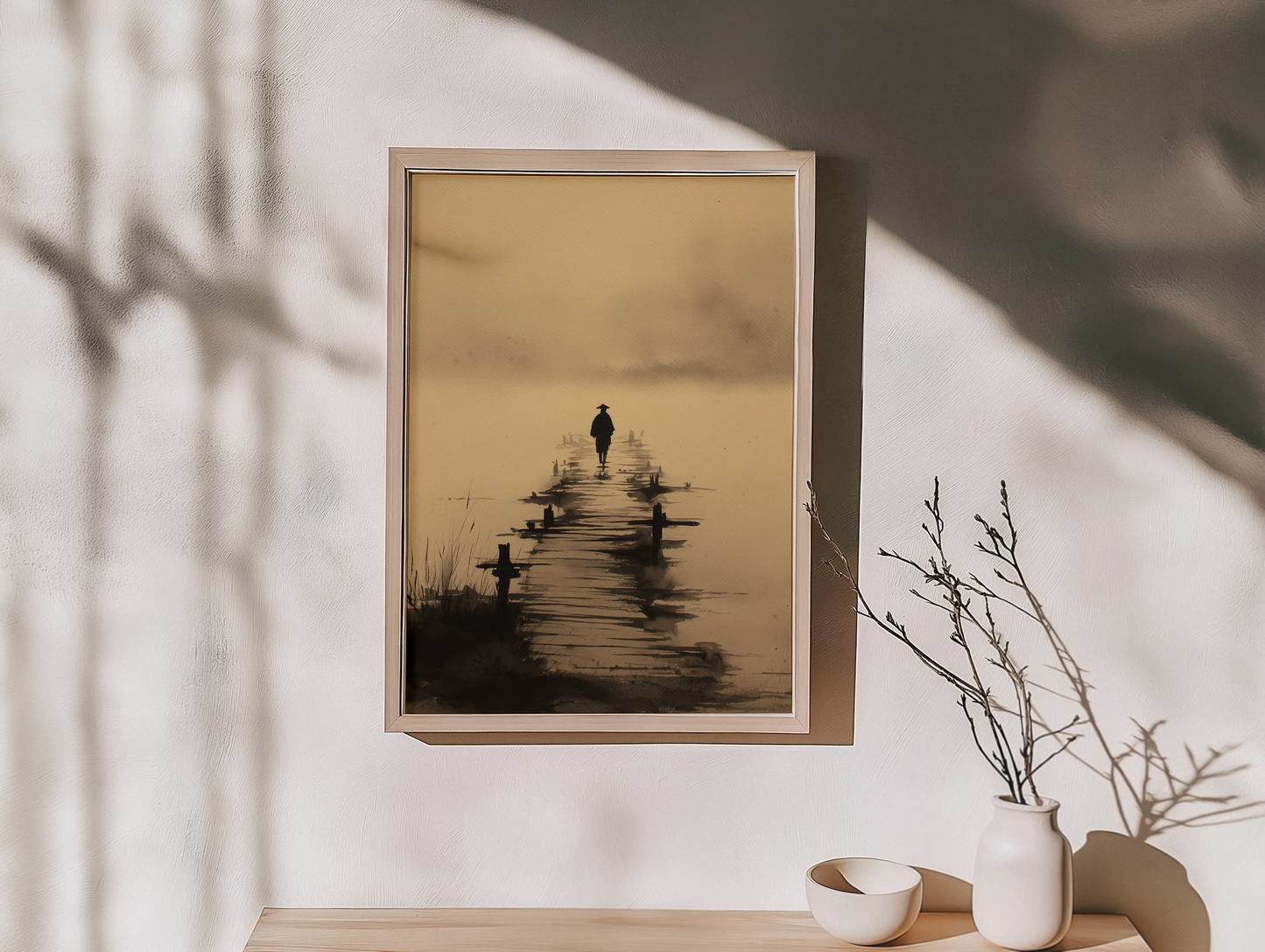 The Crossing — Japanese Ink Bridge Print | Lone Figure in Mist