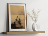 The Crossing print in a wood frame leaning on a floating shelf beside a white vase of dried flowers, Yugen Print