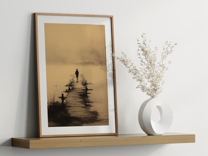 The Crossing — Japanese Ink Bridge Print | Lone Figure in Mist