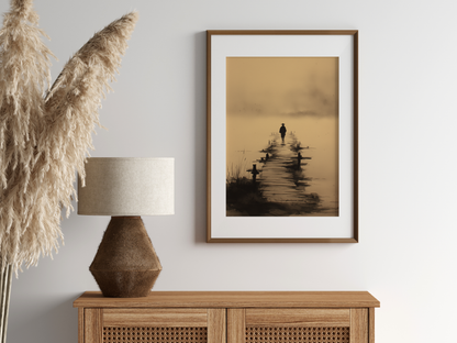 The Crossing — Japanese Ink Bridge Print | Lone Figure in Mist