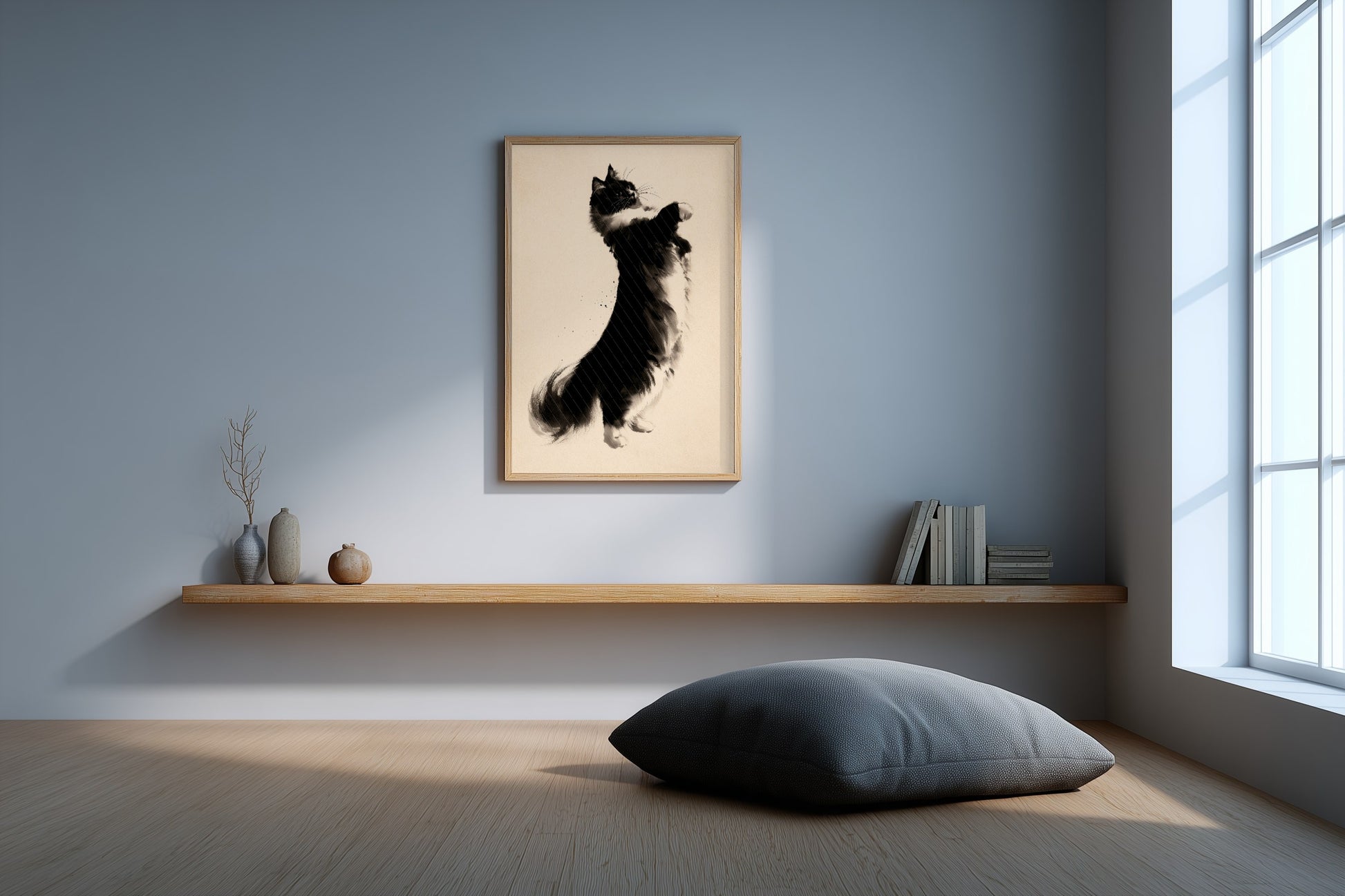 The Reach print in a minimal meditation room with a floor cushion, Yugen Print