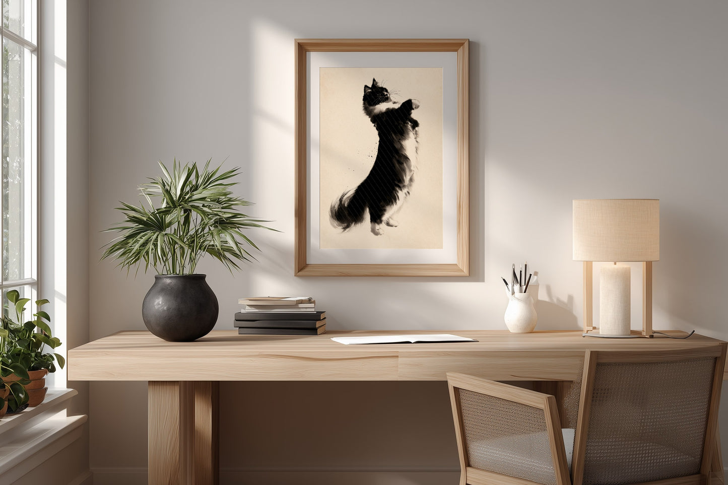 A framed vertical art print of a black cat jumping on a cream background, hanging on a light gray wall above a wooden desk in a modern, sunlit room.