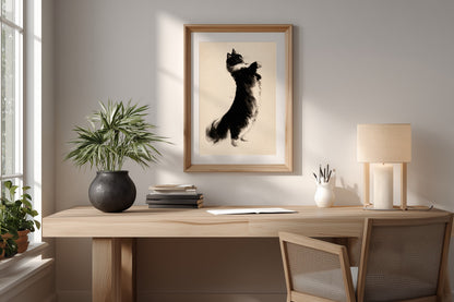 A framed vertical art print of a black cat jumping on a cream background, hanging on a light gray wall above a wooden desk in a modern, sunlit room.