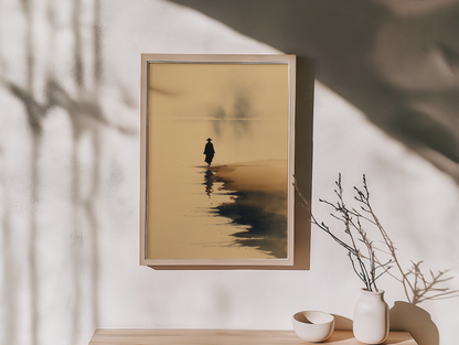 Sumi-e style ink wash print of a lone figure standing at the water's edge with a faint reflection in mist, framed in light wood on an entryway console with a dried branch and ceramic bowls, Yugen Print
