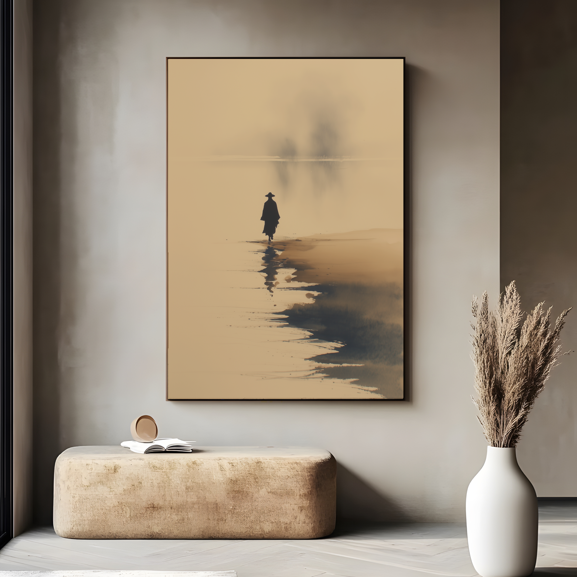 Sumi-e style ink wash print of a solitary figure at the water's edge in mist, in a dark frame above a stone bench with pampas grass, Yugen Print