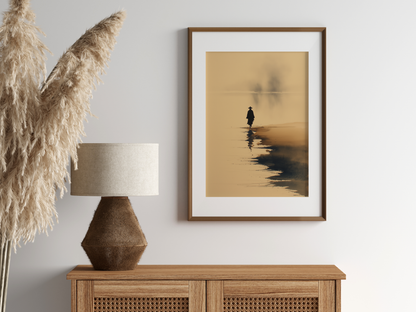 Sumi-e style ink wash print of a small figure standing at the misty water's edge, in an oak frame above a cane sideboard with a rattan lamp and pampas, Yugen Print