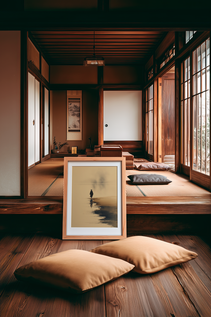 Sumi-e style ink wash print of a lone figure standing where the land meets the water, framed on the floor of a Japanese tatami room with floor cushions, Yugen Print