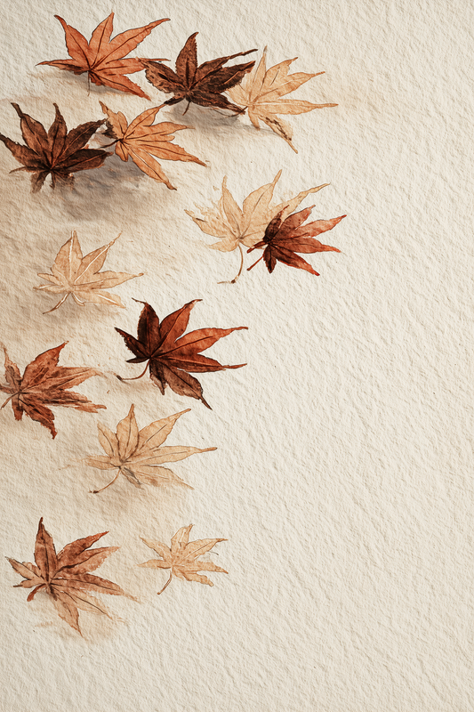 Japanese maple leaves sumi-e wall art print in autumn ink tones on cream paper, Yugen Print