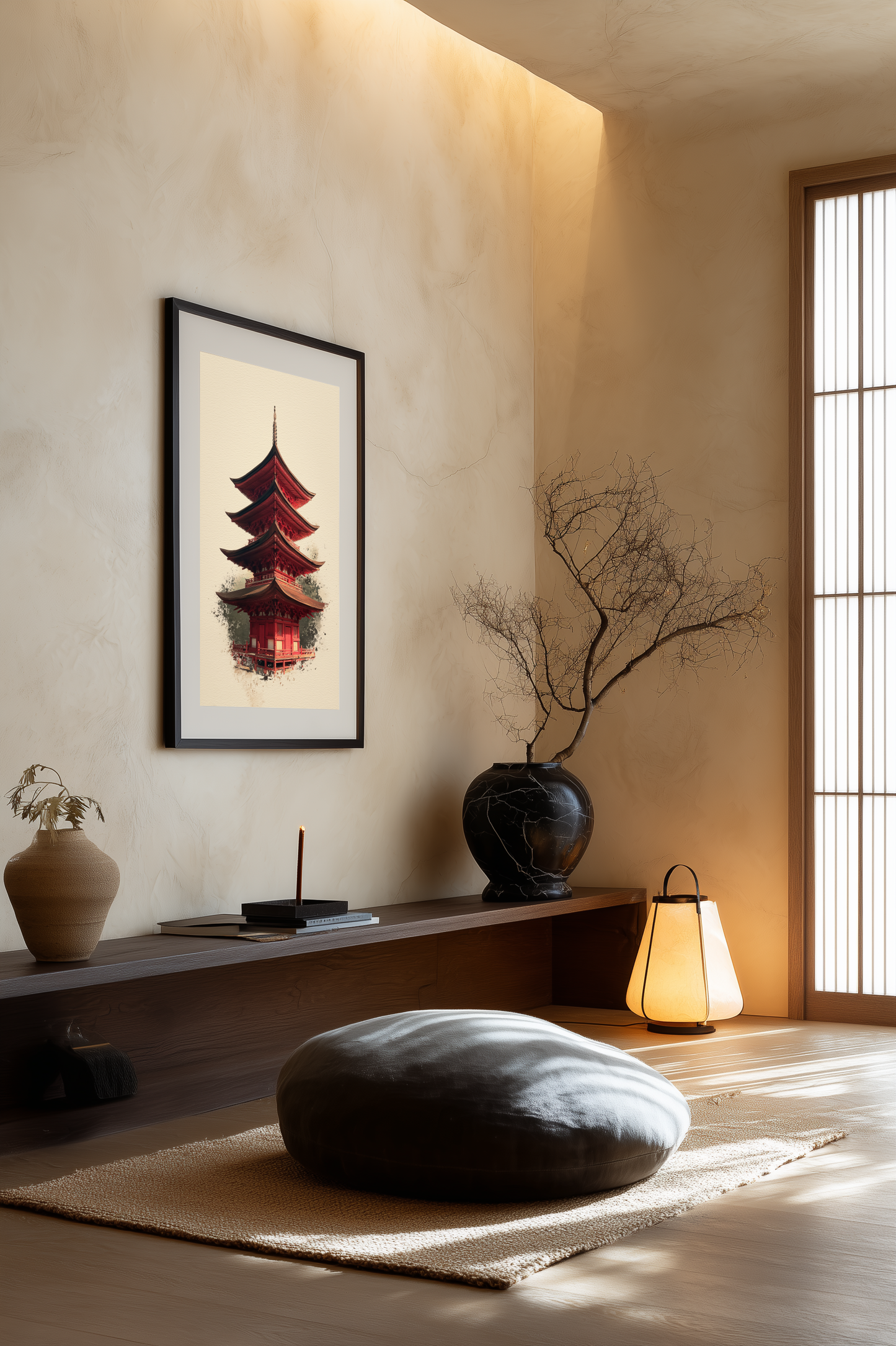 Crimson Japanese pagoda sumi-e print framed in a minimalist meditation room with floor cushion, paper lantern and incense, Yugen Print