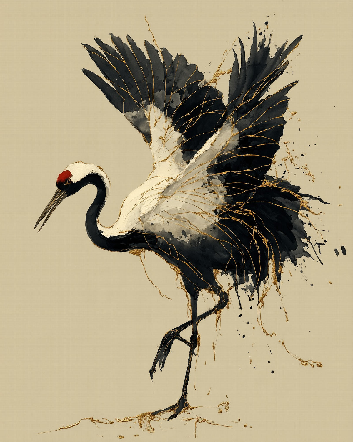 Kintsugi Dancing Crane, 4:5 version: a red-crowned crane lifts a foot and arches its wings, ink splashing and gold pooling at its feet, sumi-e kintsugi wall art print by Yugen Print