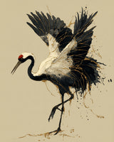 Kintsugi Dancing Crane, 4:5 version: a red-crowned crane lifts a foot and arches its wings, ink splashing and gold pooling at its feet, sumi-e kintsugi wall art print by Yugen Print