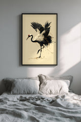 Kintsugi Dancing Crane print shown framed in a bedroom, a red-crowned crane lifts a foot and arches its wings, ink splashing and gold pooling at its feet