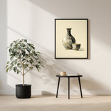 Kintsugi Sake Set print shown framed in a living room, a grey sake flask and small cup mended with gold kintsugi seams on a cream ground