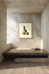 Kintsugi Sake Set print shown framed in a meditation room, a grey sake flask and small cup mended with gold kintsugi seams on a cream ground