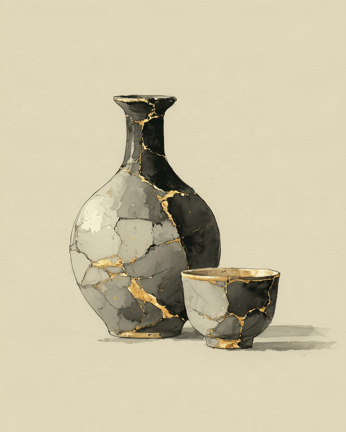 Kintsugi Sake Set: a grey sake flask and small cup mended with gold kintsugi seams on a cream ground, sumi-e kintsugi wall art print by Yugen Print