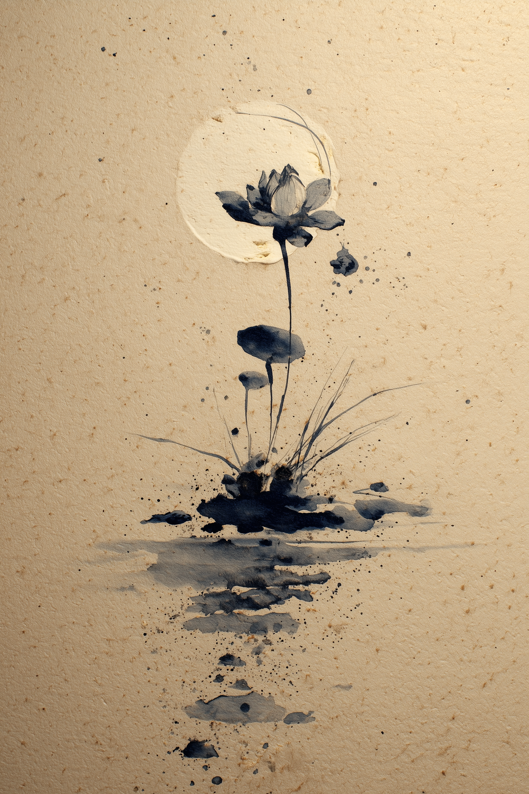 Lotus and Moon sumi-e ink wash wall art print in charcoal and cream on textured paper, Yugen Print