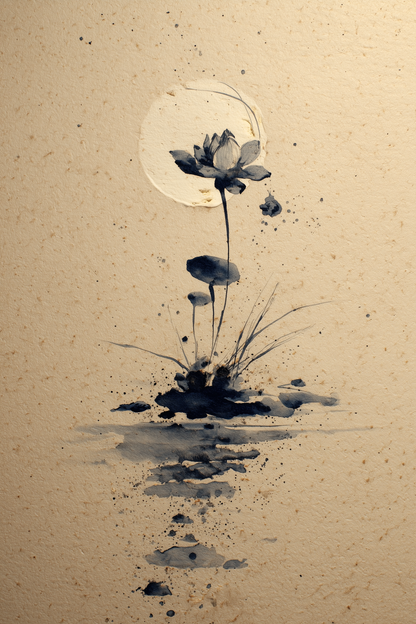 Lotus and Moon sumi-e ink wash wall art print in charcoal and cream on textured paper, Yugen Print