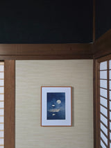 Night Lotus print in a small wood frame on a pale wall between shoji screens, Yugen Print