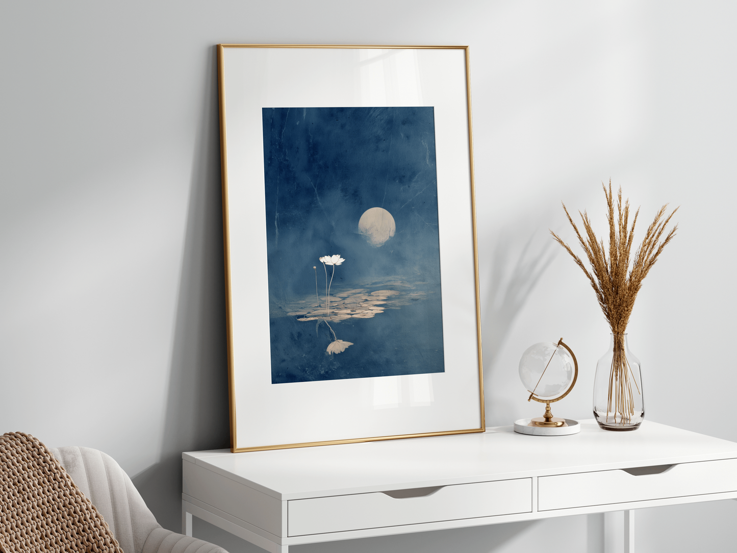 Night Lotus | Japanese Sumi-e Lotus & Moon Print