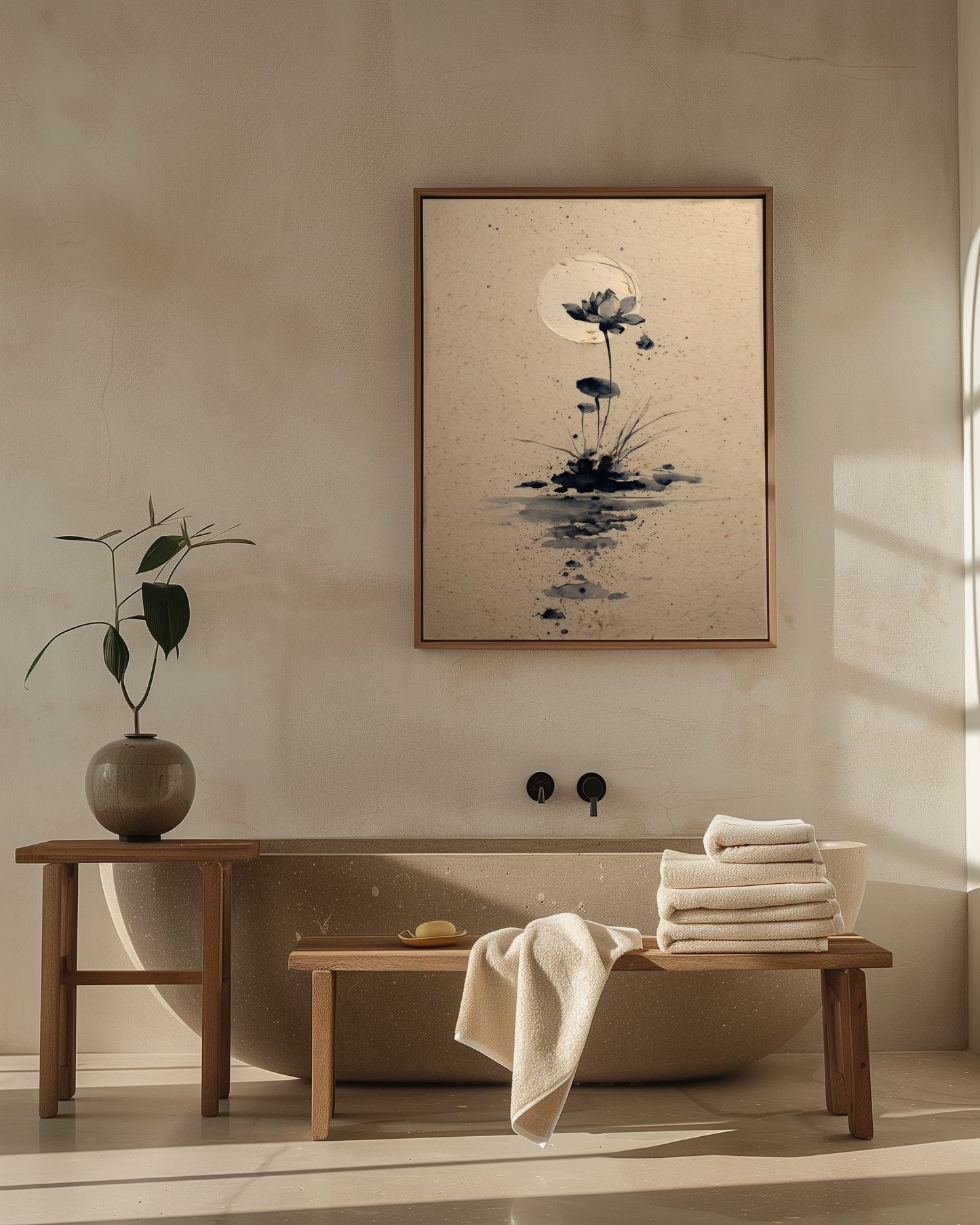 Lotus and Moon sumi-e print in a minimalist spa-style bathroom with stone bathtub, ceramic vessel, and folded linen towels, Yugen Print