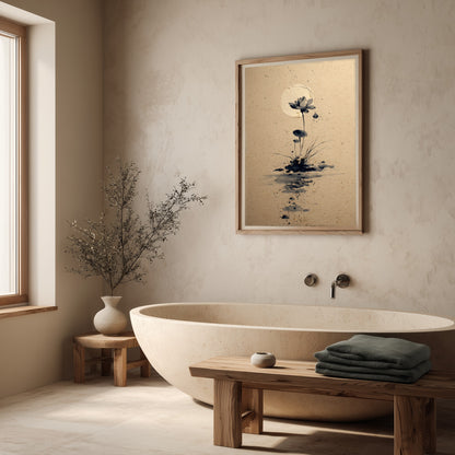 Lotus and Moon sumi-e print in a serene spa bathroom with stone bathtub, dried branches in a ceramic vase, and folded towels on a wooden bench, Yugen Print