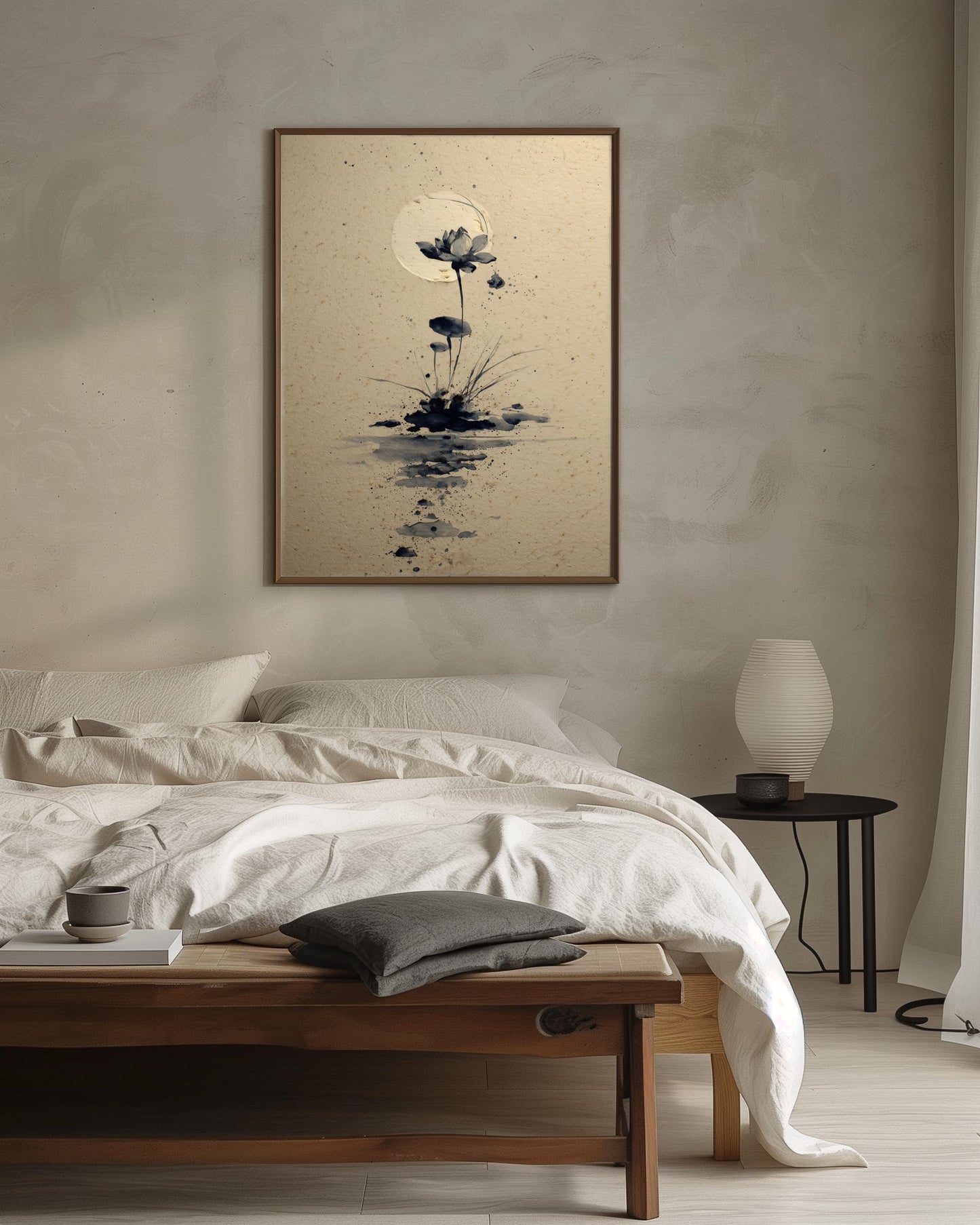 Lotus and Moon sumi-e print in a quiet monastic bedroom with linen bedding, dark wood bench, and paper lamp, Yugen Print