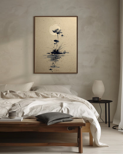 Lotus and Moon sumi-e print in a quiet monastic bedroom with linen bedding, dark wood bench, and paper lamp, Yugen Print