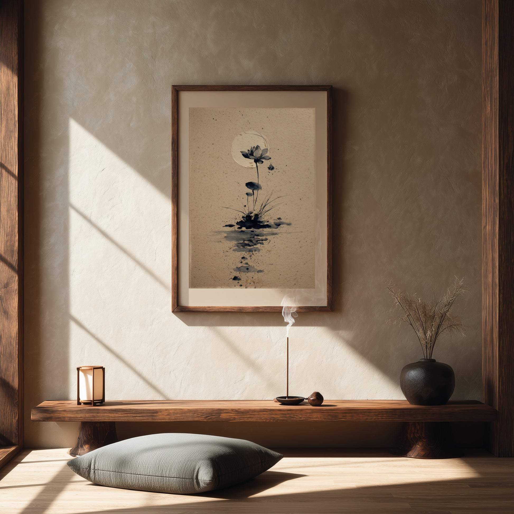 Lotus and Moon sumi-e print in a serene meditation room with floor cushion, wooden bench, and ceramic incense holder, Yugen Print