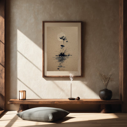Lotus and Moon sumi-e print in a serene meditation room with floor cushion, wooden bench, and ceramic incense holder, Yugen Print
