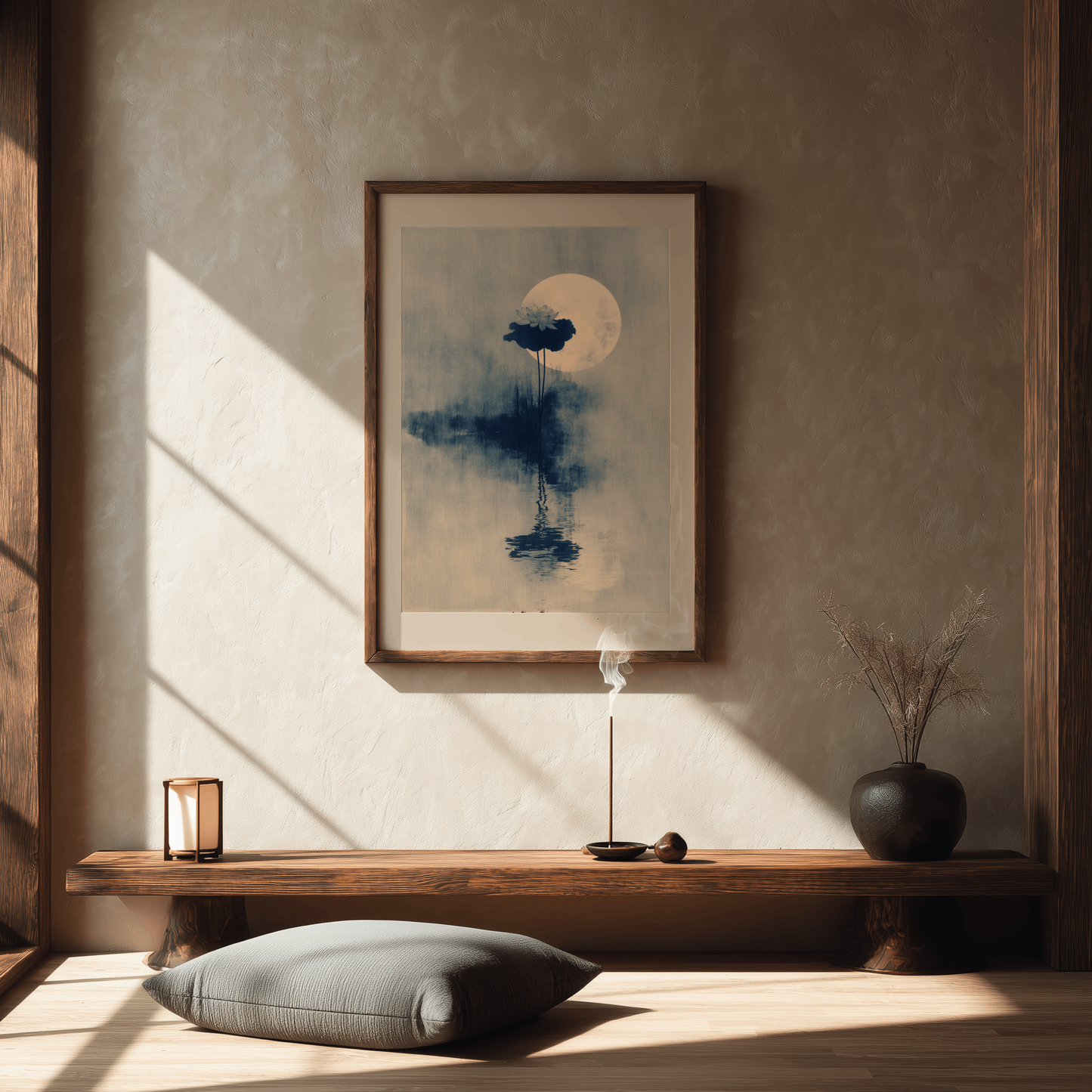 Moonrise Through Mist sumi-e lotus and moon print framed in oak, hanging above a wooden bench in a warm meditation room with a floor cushion, paper lantern, incense, and ceramic vase. Yugen Print.