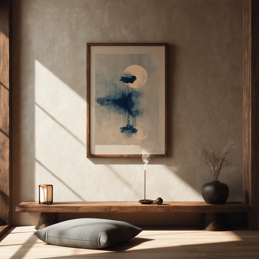 Moonrise Through Mist sumi-e lotus and moon print framed in oak, hanging above a wooden bench in a warm meditation room with a floor cushion, paper lantern, incense, and ceramic vase. Yugen Print.