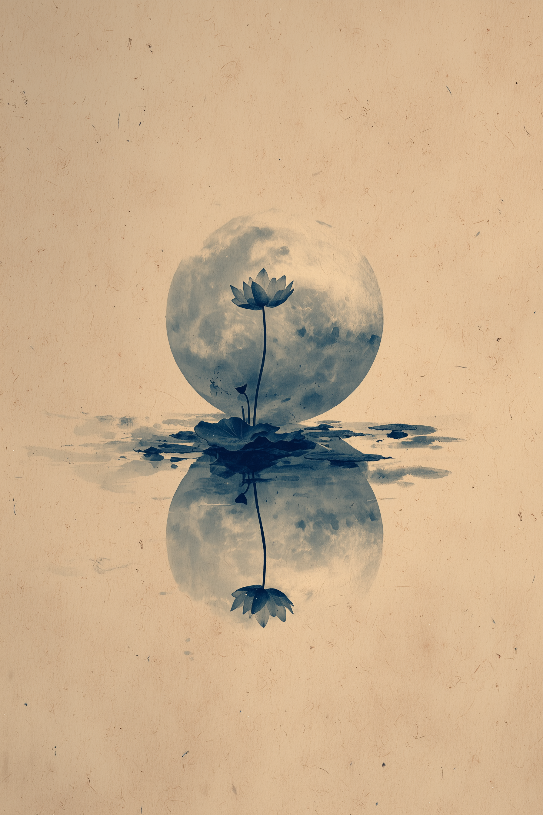 Lotus Reflection sumi-e ink wash wall art print with moon and water reflection in soft indigo and cream, Yugen Print