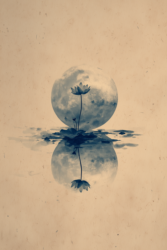 Lotus Reflection sumi-e ink wash wall art print with moon and water reflection in soft indigo and cream, Yugen Print