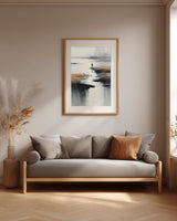 Low Tide sumi-e print framed above a grey linen sofa in a neutral living room