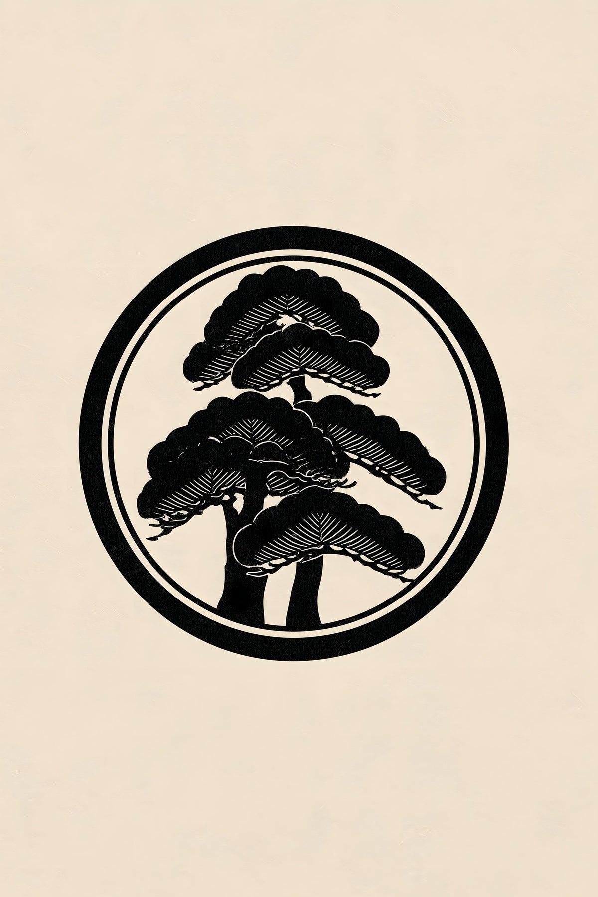 Matsu pine kamon wall art print in black on cream paper, a tiered pine tree inside a double ring in a classic Japanese family crest